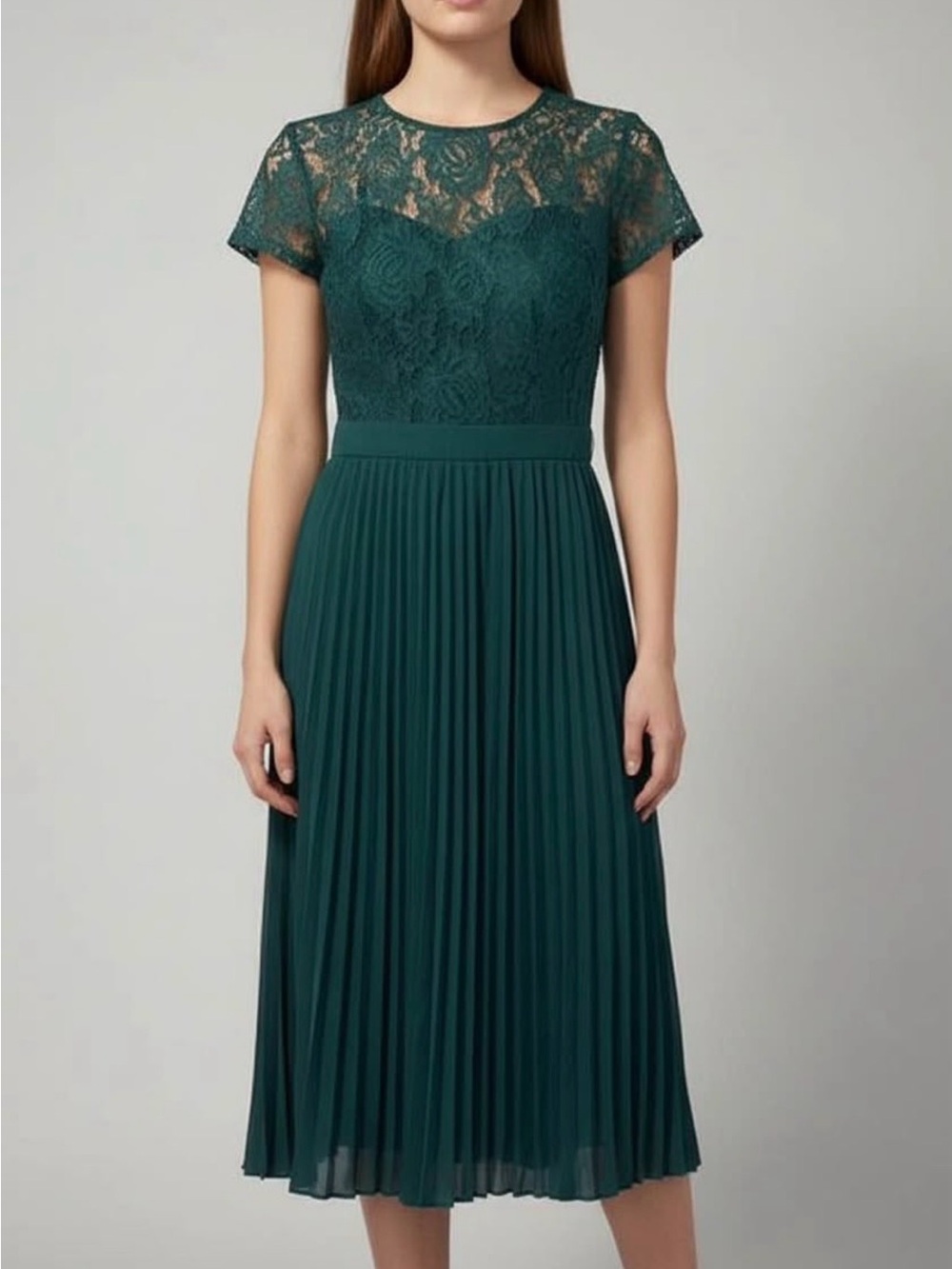 Elegant Lace Top Pleated Midi Dress - Forest Green